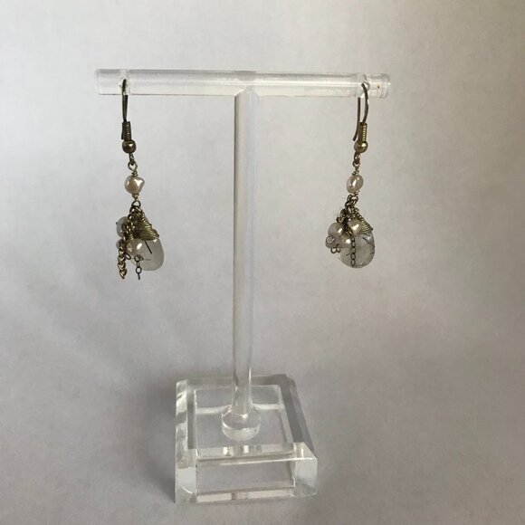 Silver, Pearl and Tourmalated Quartz Dangle Earrings - Picture 1 of 7